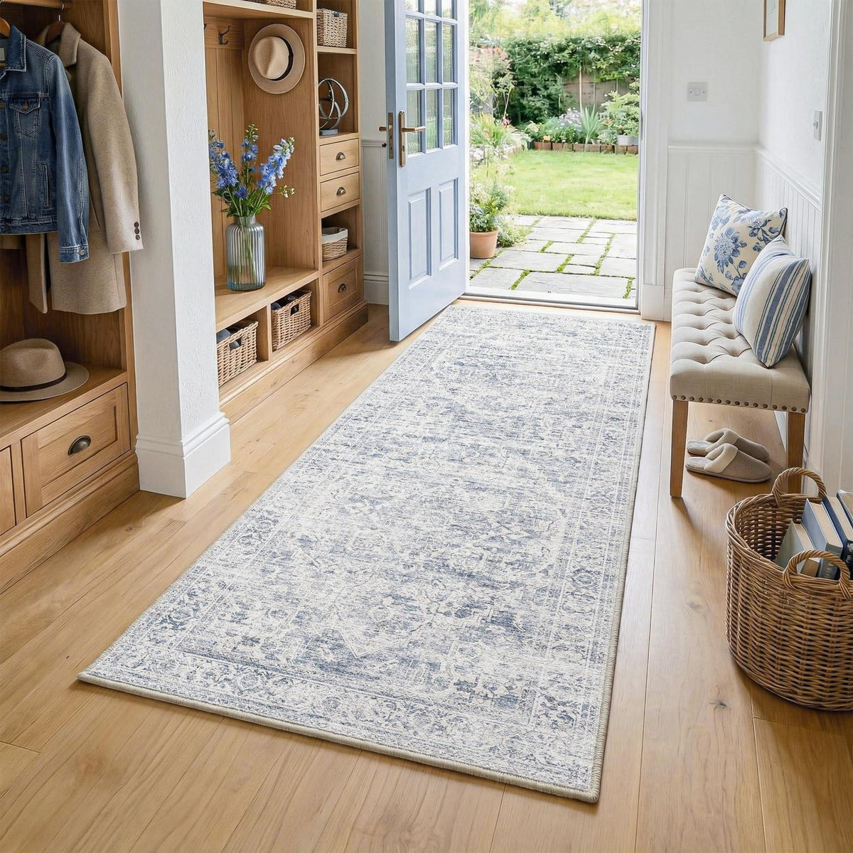 Blauer Vintage Teppich Läufer 60x180 cm Waschbar