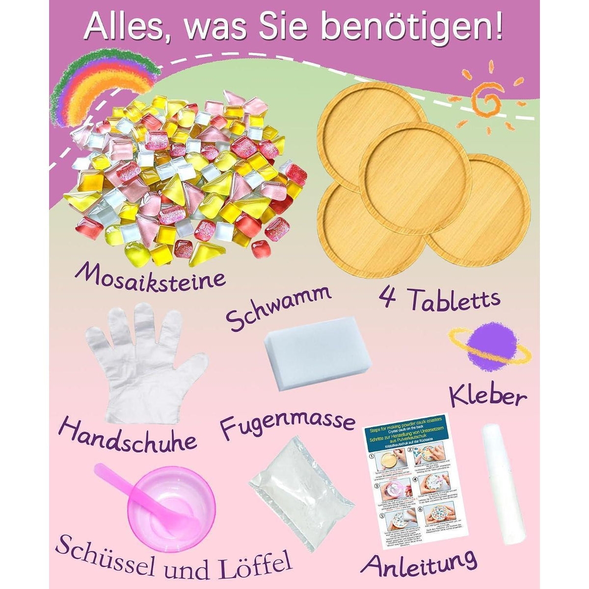 Mosaik Bastelset Kinder – 4 Sets DIY Untersetzer mit Steinen