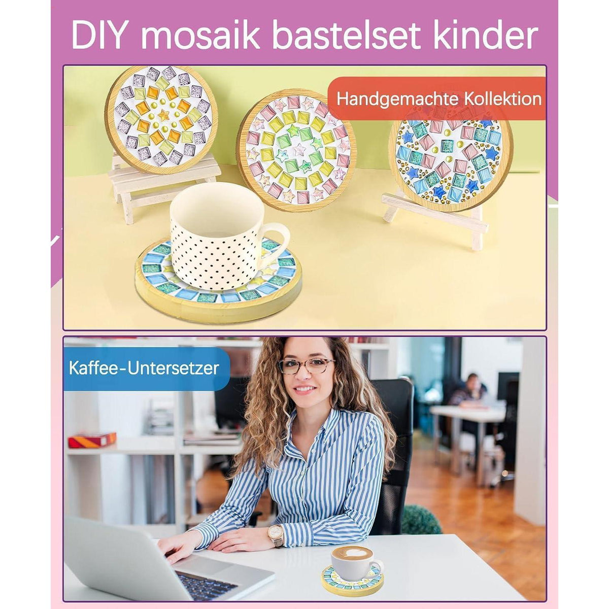 Mosaik Bastelset Kinder – 4 Sets DIY Untersetzer mit Steinen