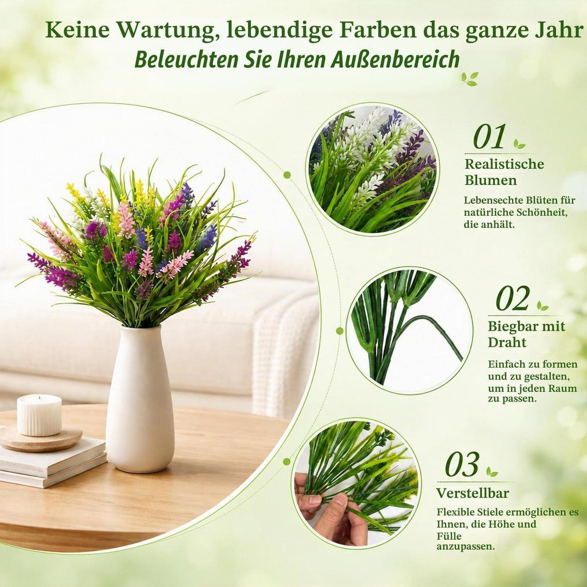 8x Kunstlavendel – Pflegeleichte Balkonblumen für drinnen & draußen