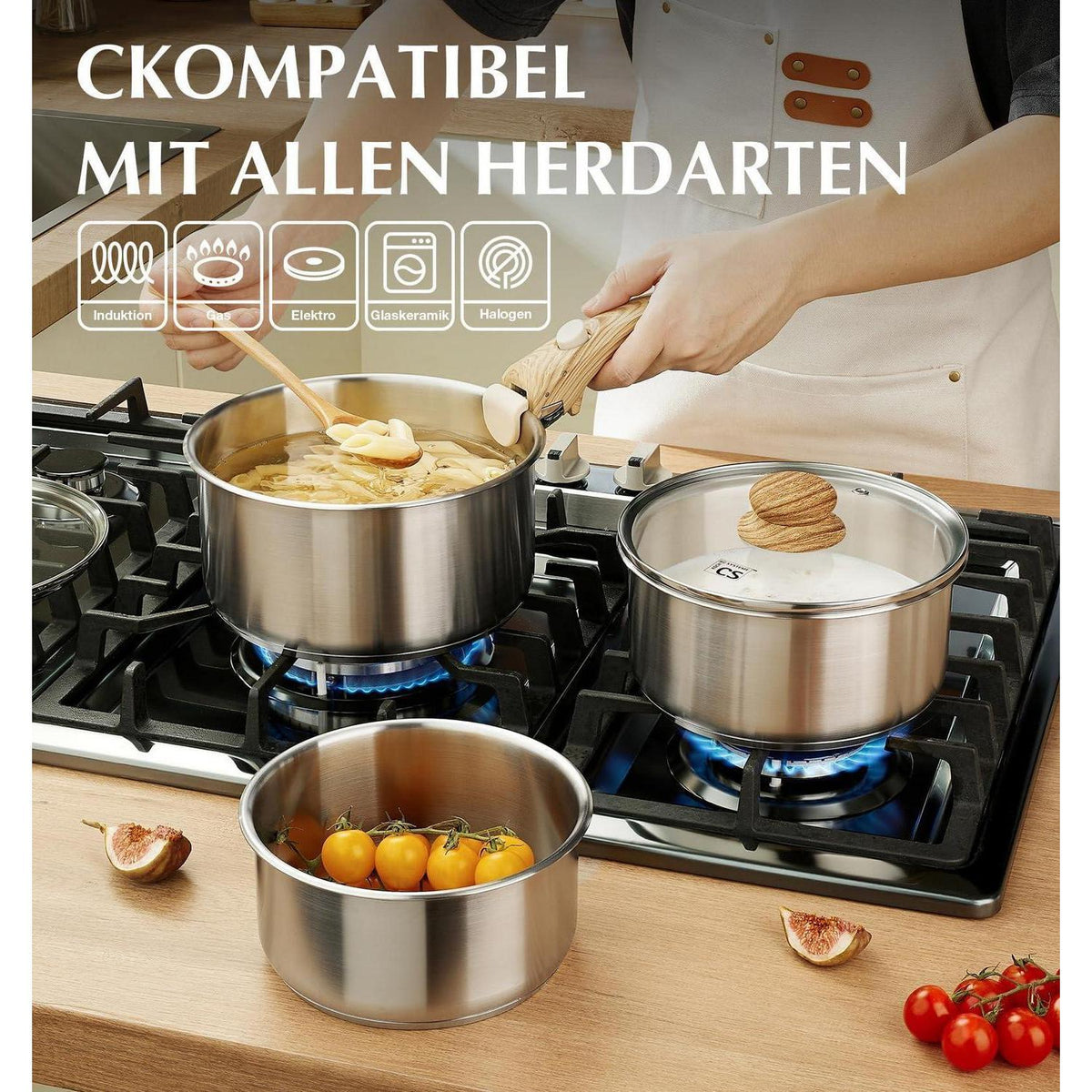 Edelstahl Topfset 6-teilig mit abnehmbaren Griffen