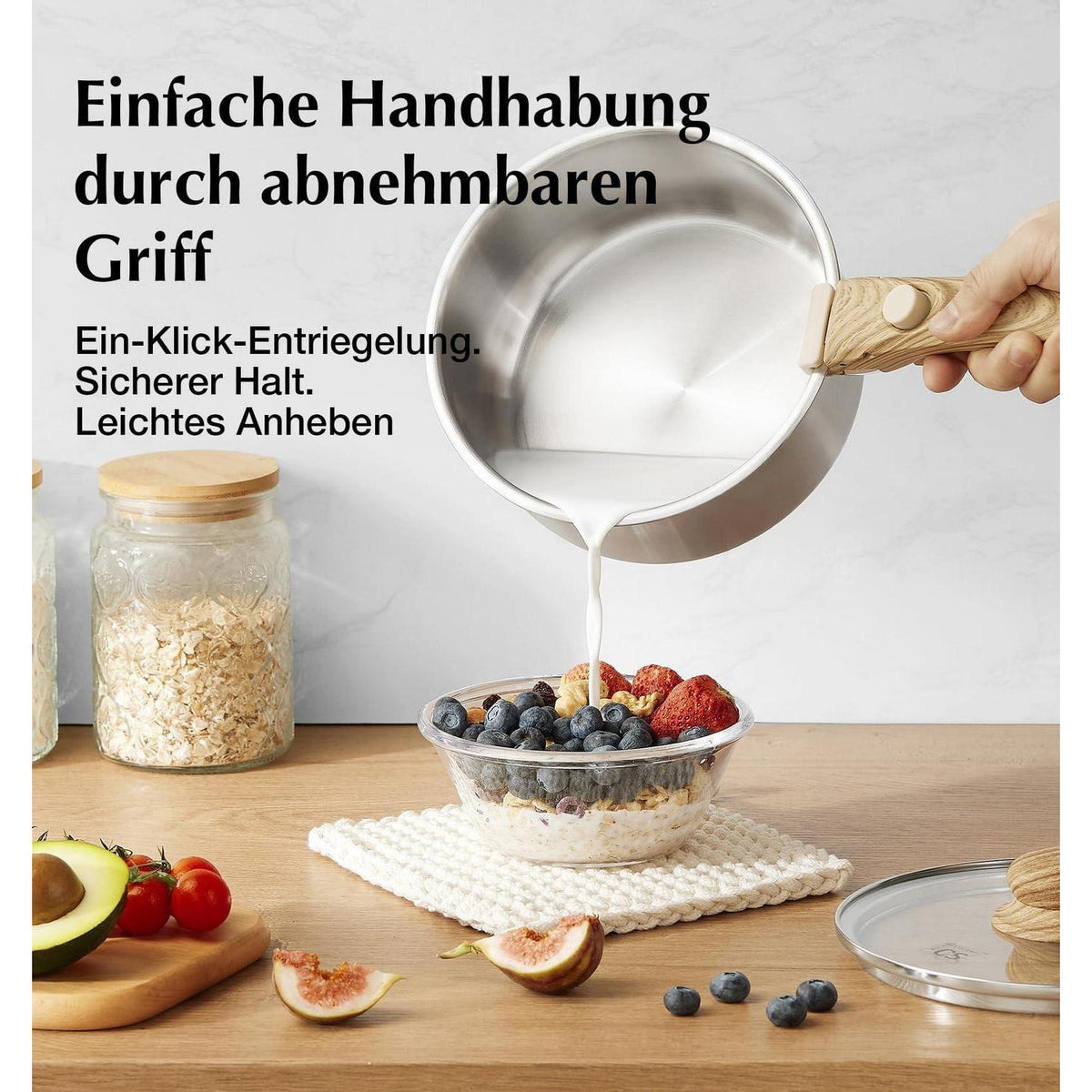 Edelstahl Topfset 6-teilig mit abnehmbaren Griffen