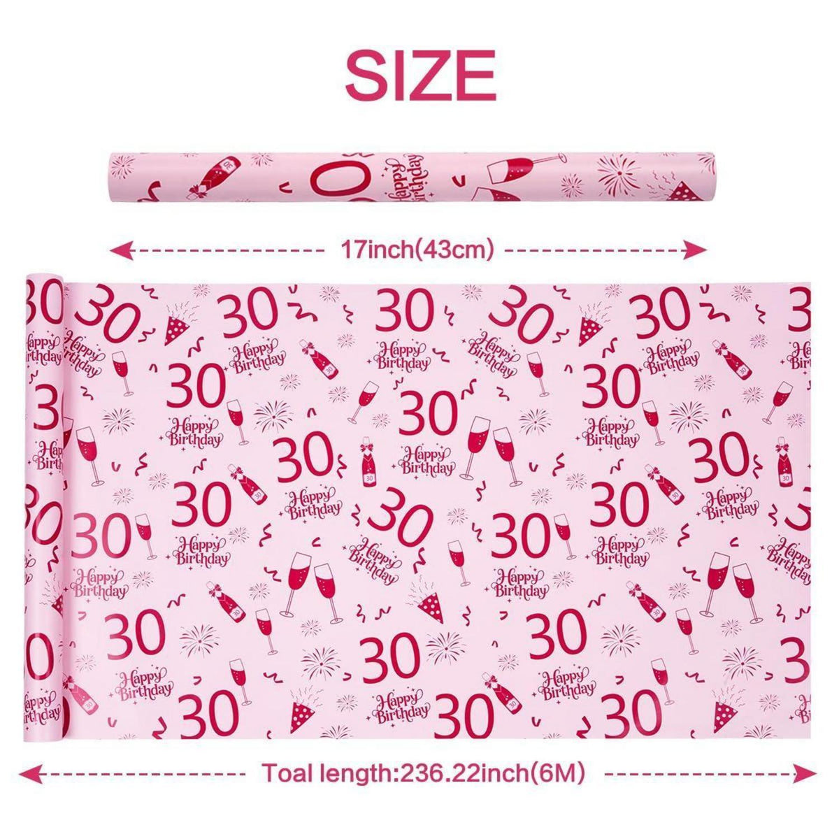 Geschenkpapier 30. Geburtstag rosa 6m x 43cm
