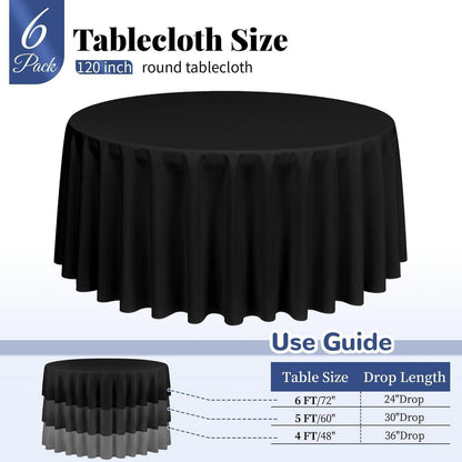 6x Runde Tischdecke Schwarz, 305 cm – Waschbar & Wiederverwendbar