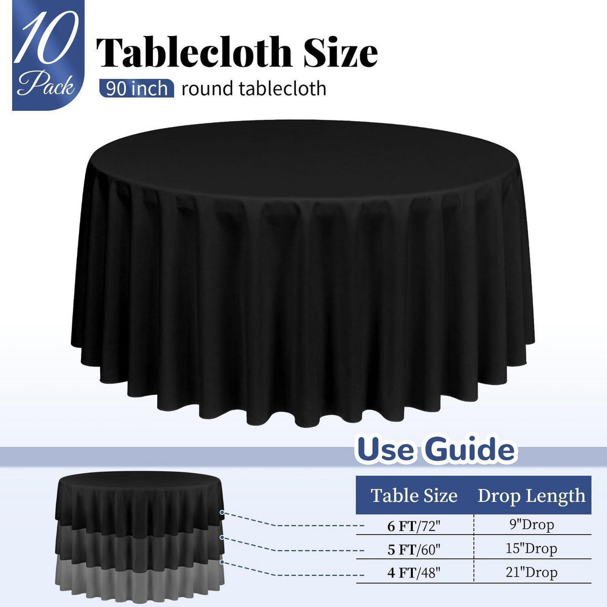 10x Runde Tischdecke Schwarz – 228 cm, Waschbar