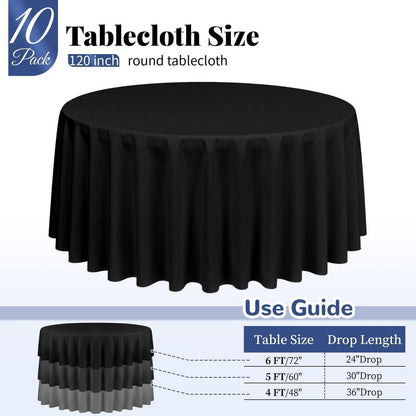 10x Runde Tischdecke Schwarz, 305 cm – Waschbar & Wiederverwendbar
