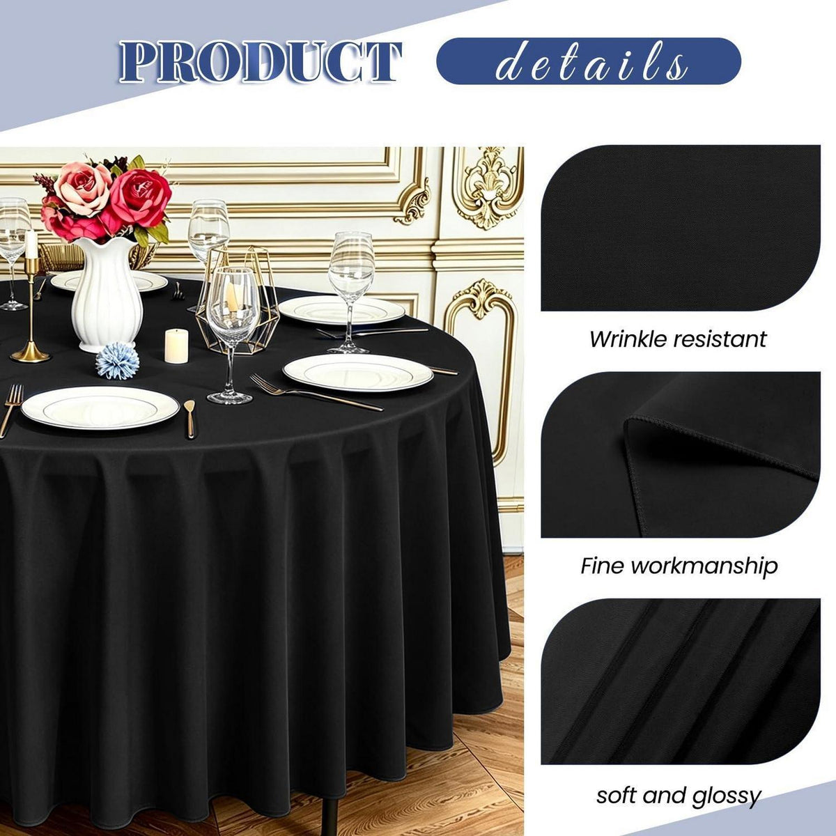 10x Runde Tischdecke Schwarz, 305 cm – Waschbar & Wiederverwendbar
