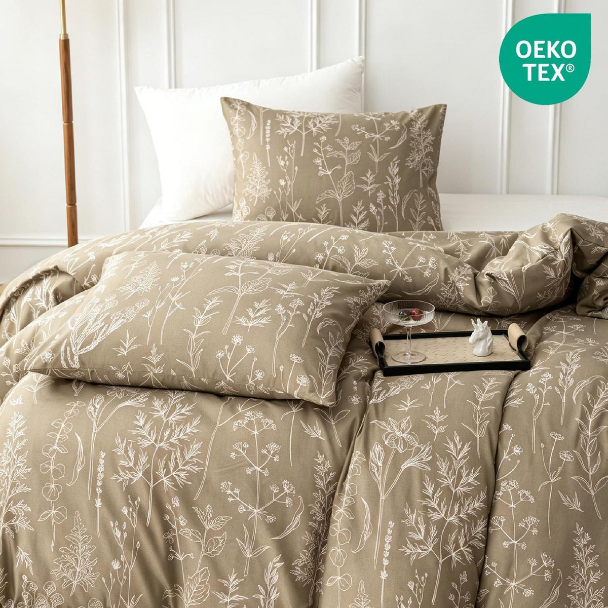 Blumen Bettwäsche Set 135x200 cm, Beige Mikrofaser 4tlg.