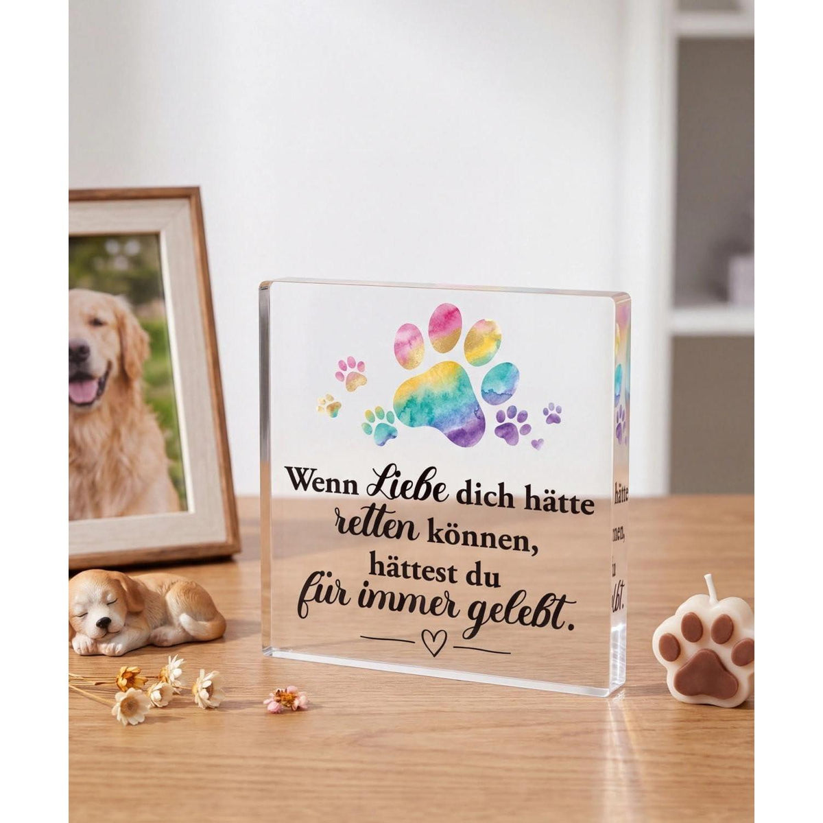 Acryl Gedenkbild für Hund – Pfote Regenbogen & Trauerbotschaft