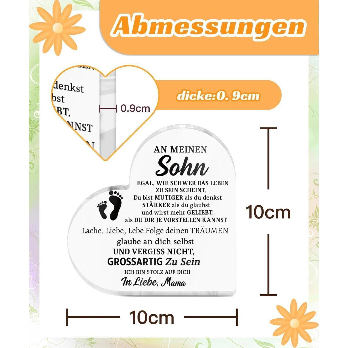Acryl Herz Deko – Fußspur Geschenk für Sohn mit Botschaft