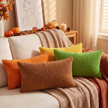 4er Set Herbst Kissenbezüge 40x60 cm Gestreift Plüsch