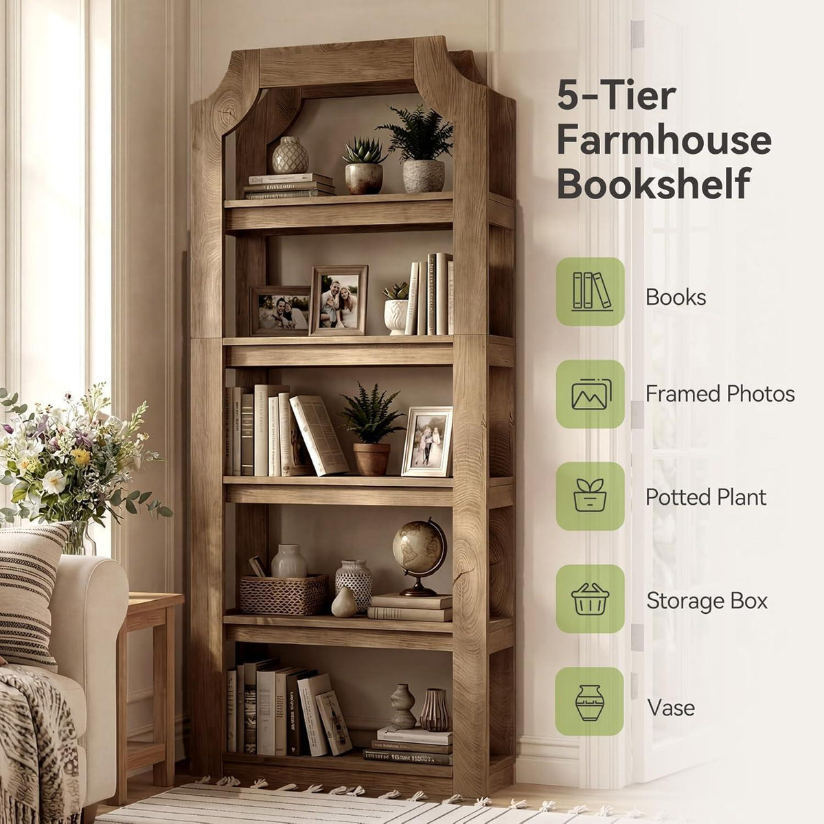 Tribesigns Bücherregal 5 Fächer, 178cm, Landhausstil Holz