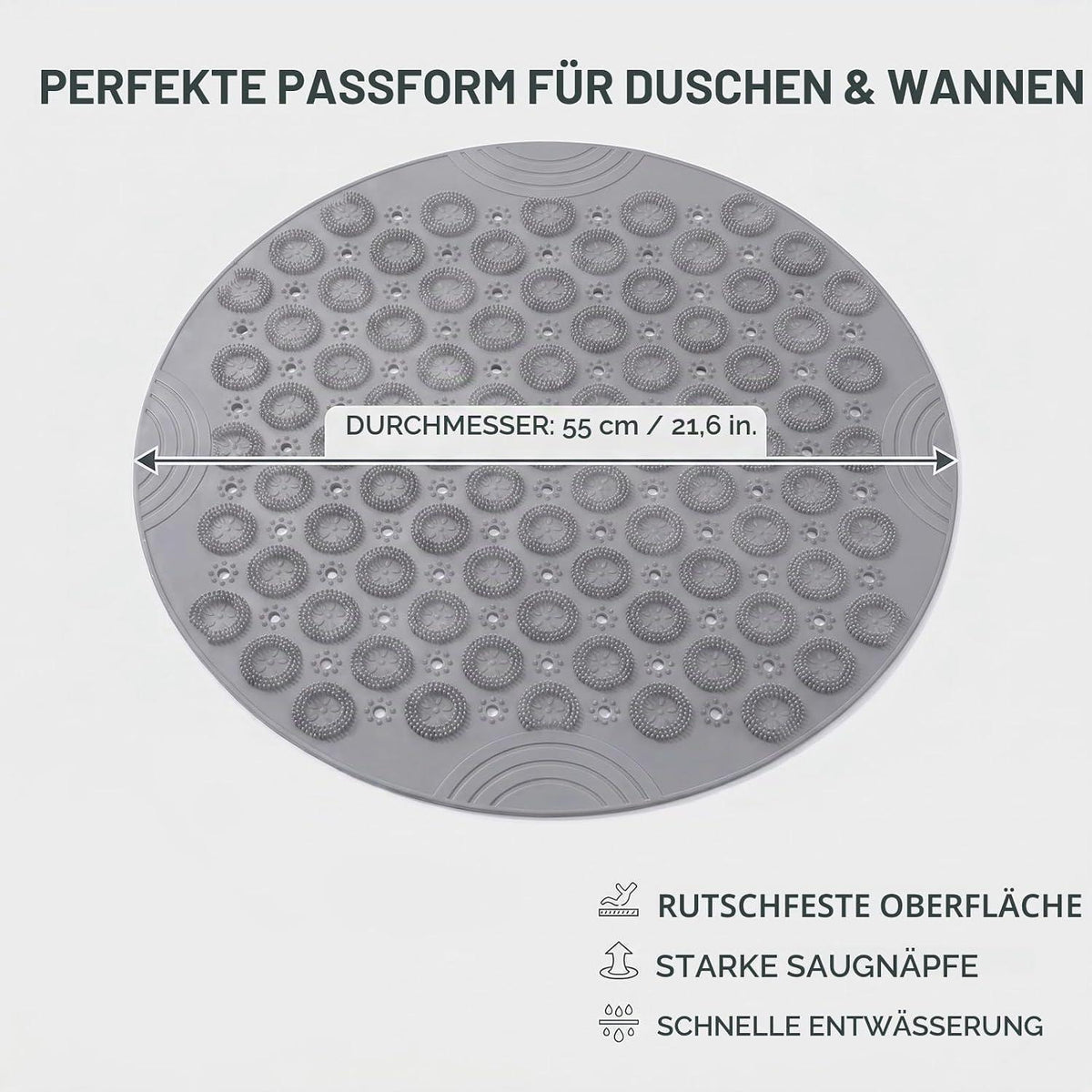 Rutschfeste Duschmatte rund, Grau – Sicher & Komfortabel