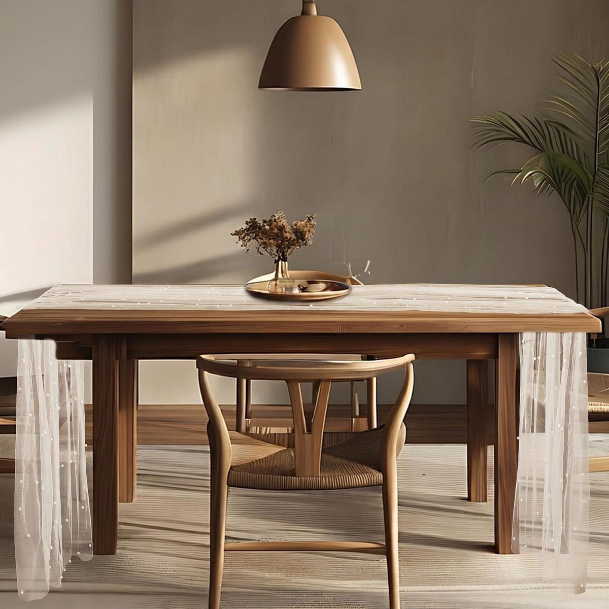 Tischläufer Tüll mit Perlen 75x300cm Beige – Romantische Tischdeko
