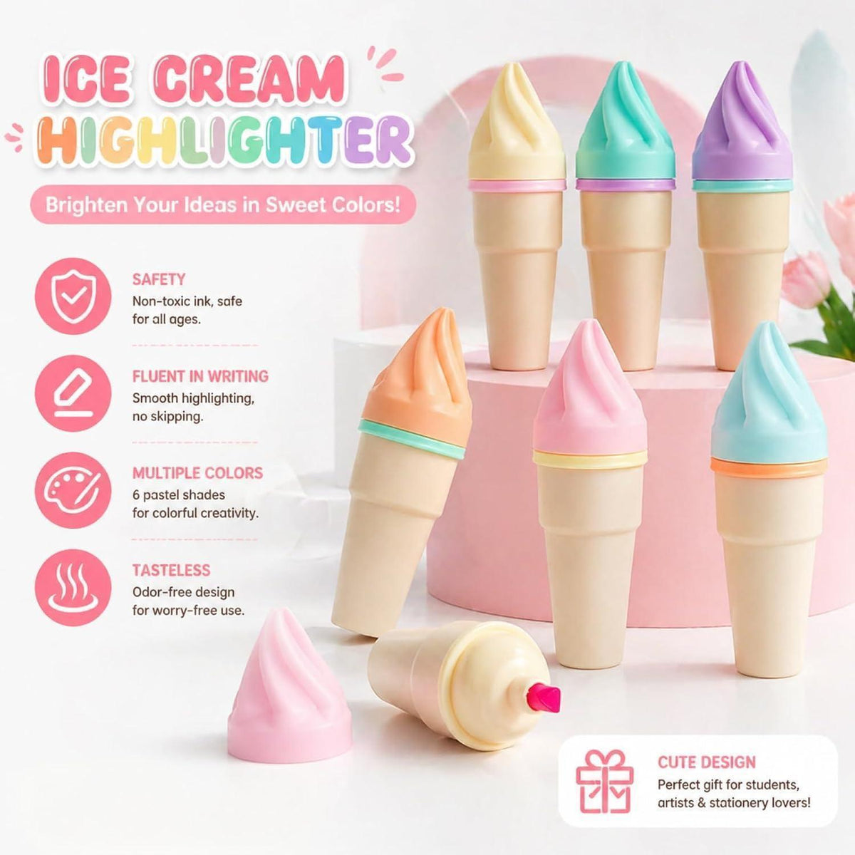 24 Mini Textmarker Set – 6 Pastellfarben, Eisförmig