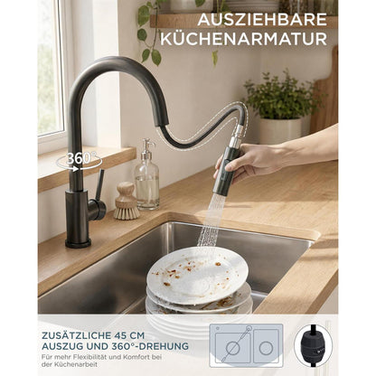 Niederdruck Küchenarmatur mit Handbrause, 360° drehbar