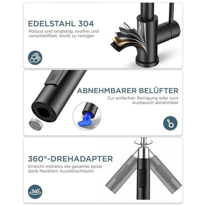 Niederdruck Küchenarmatur mit Handbrause, 360° drehbar