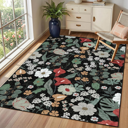 Waschbarer Teppich Schwarz 120x180cm Blumenmuster Boho Wohnzimmer