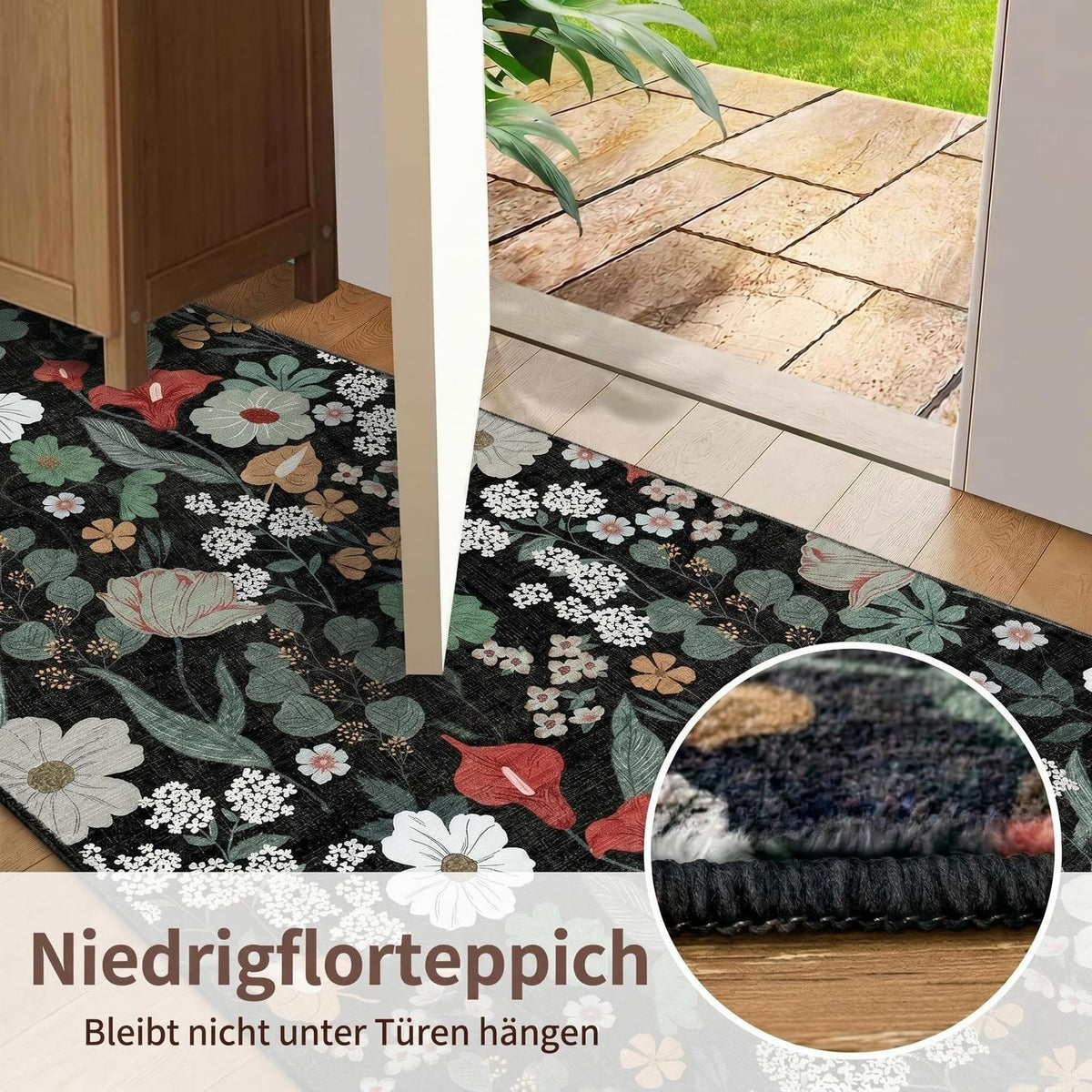 Waschbarer Teppich Schwarz 120x180cm Blumenmuster Boho Wohnzimmer