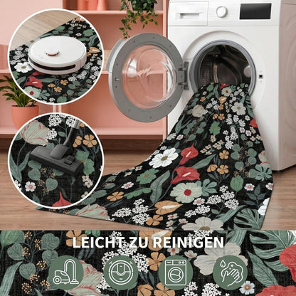 Waschbarer Teppich Schwarz 120x180cm Blumenmuster Boho Wohnzimmer