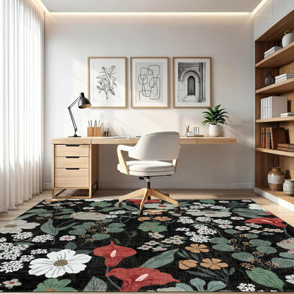 Waschbarer Teppich Schwarz 120x180cm Blumenmuster Boho Wohnzimmer
