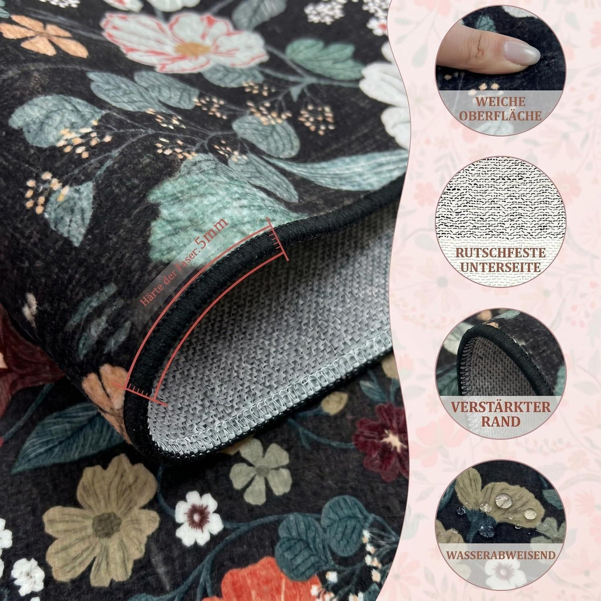 Schwarzer Boho Teppich 200x300 cm | Waschbar & Rutschfest