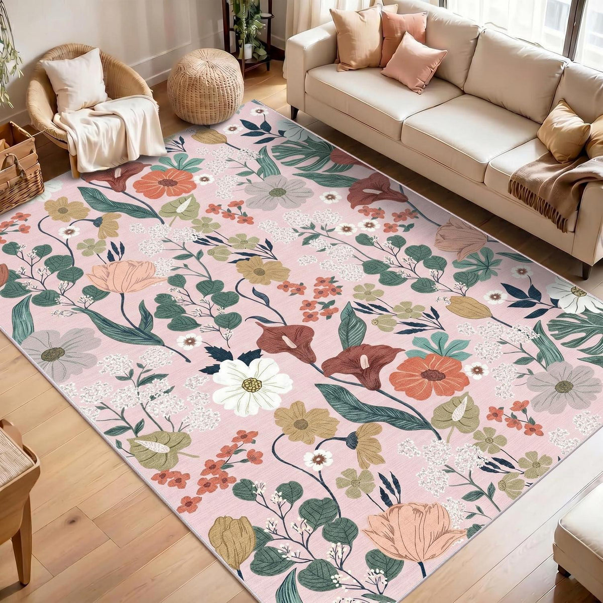 Waschbarer Teppich Wohnzimmer Beige 160x230 cm – Boho Blumen Design