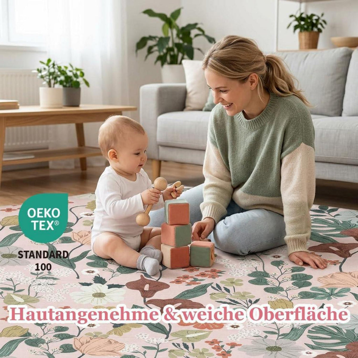 Waschbarer Teppich Wohnzimmer Beige 160x230 cm – Boho Blumen Design