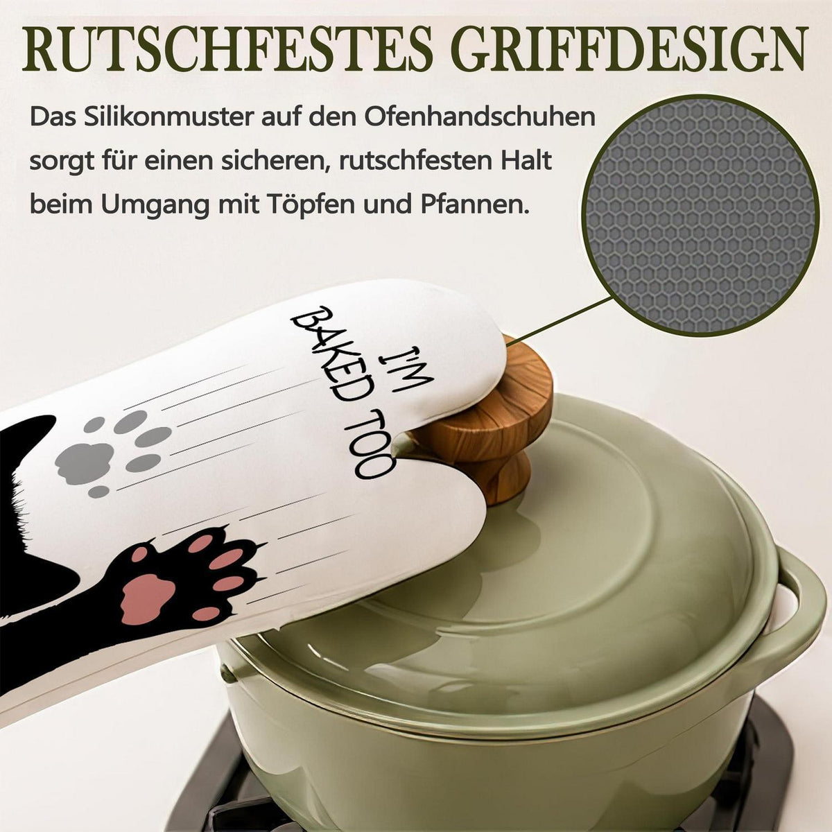 Ofenhandschuhe & Topflappen Set Katzenmotiv – Hitzebeständig & Rutschfest