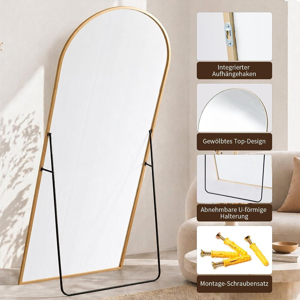 Gewölbter Standspiegel 180x71cm – Goldener Ganzkörperspiegel mit Ständer