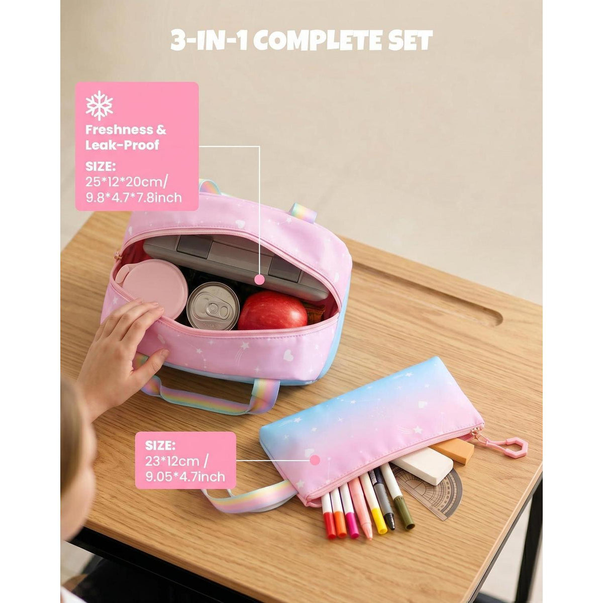 3-tlg. Schulrucksack Set Mädchen Hellblau – Rucksack, Lunchbag & Federmäppchen