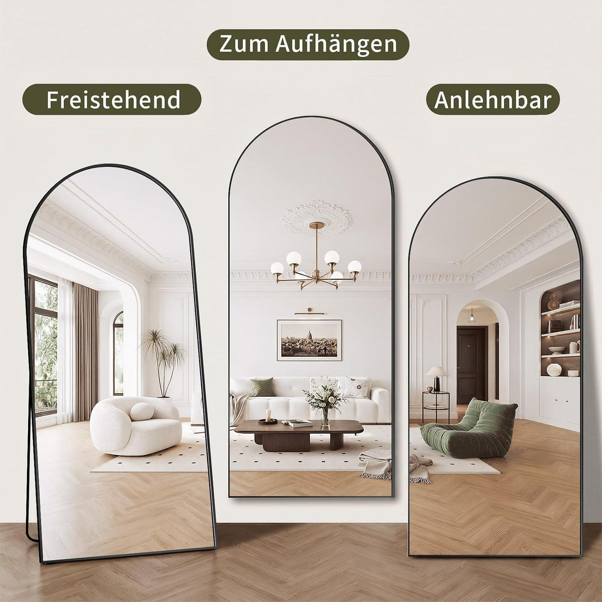 Ganzkörperspiegel Gewölbt 192x85cm – Stand- & Wandspiegel Schwarz