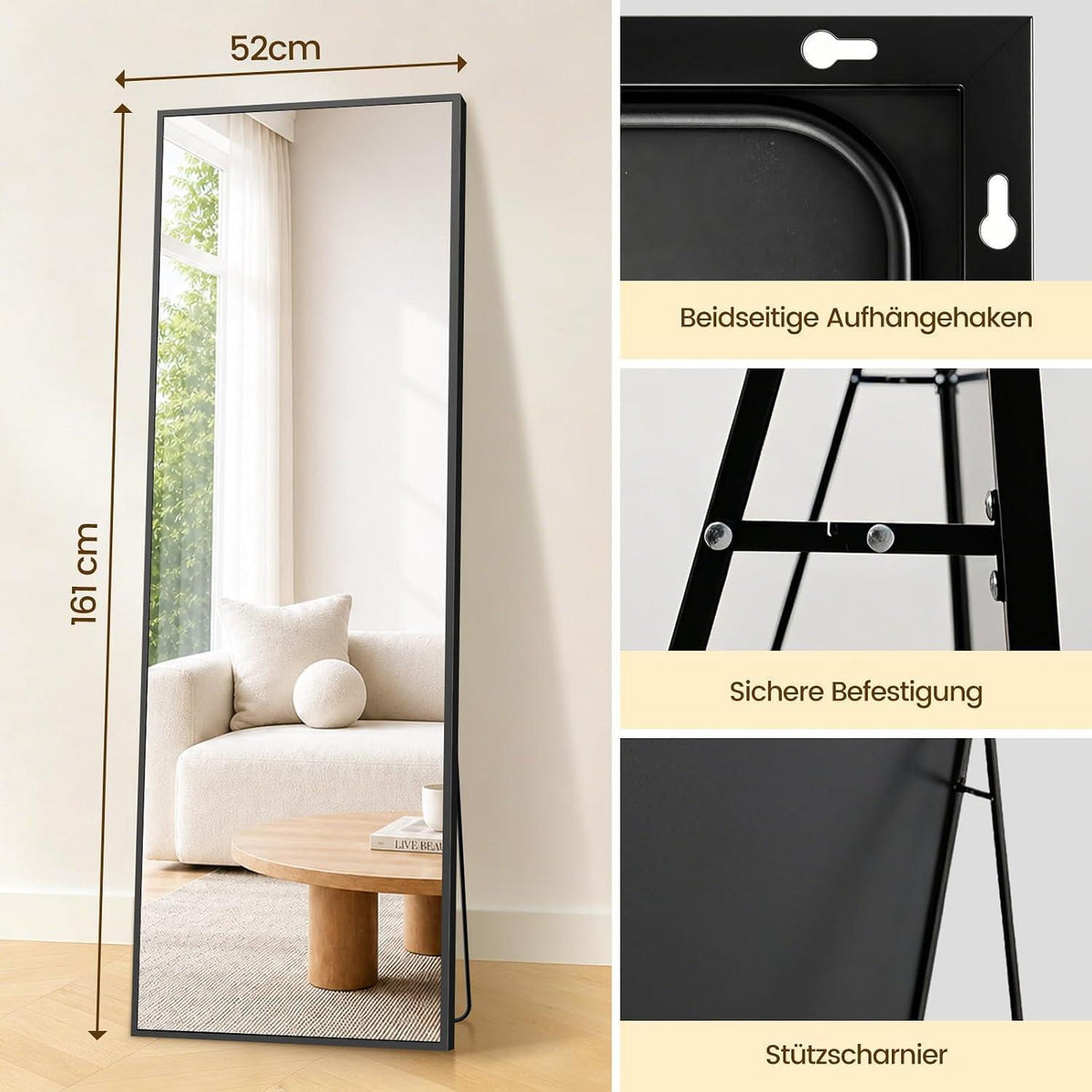 Ganzkörperspiegel 163x53cm – Stand- & Wandspiegel mit Aluminiumrahmen