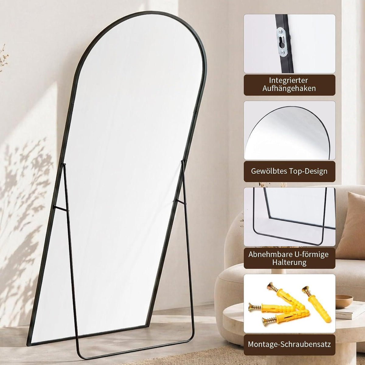 Gewölbter Standspiegel 180x71cm – Modern & Robust mit Ständer