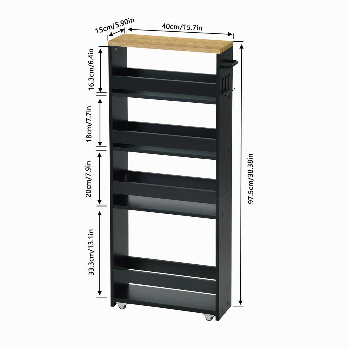 Schmaler Rollwagen mit Haken – Nischenregal 40x15x100 cm