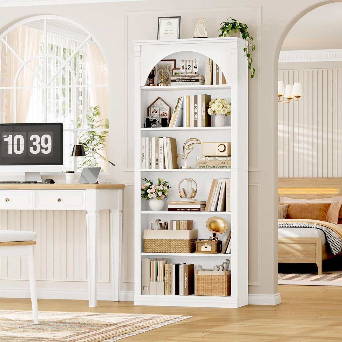 Bücherregal 75 cm | Gewölbter Schrank mit 6 Fächern, Weiß