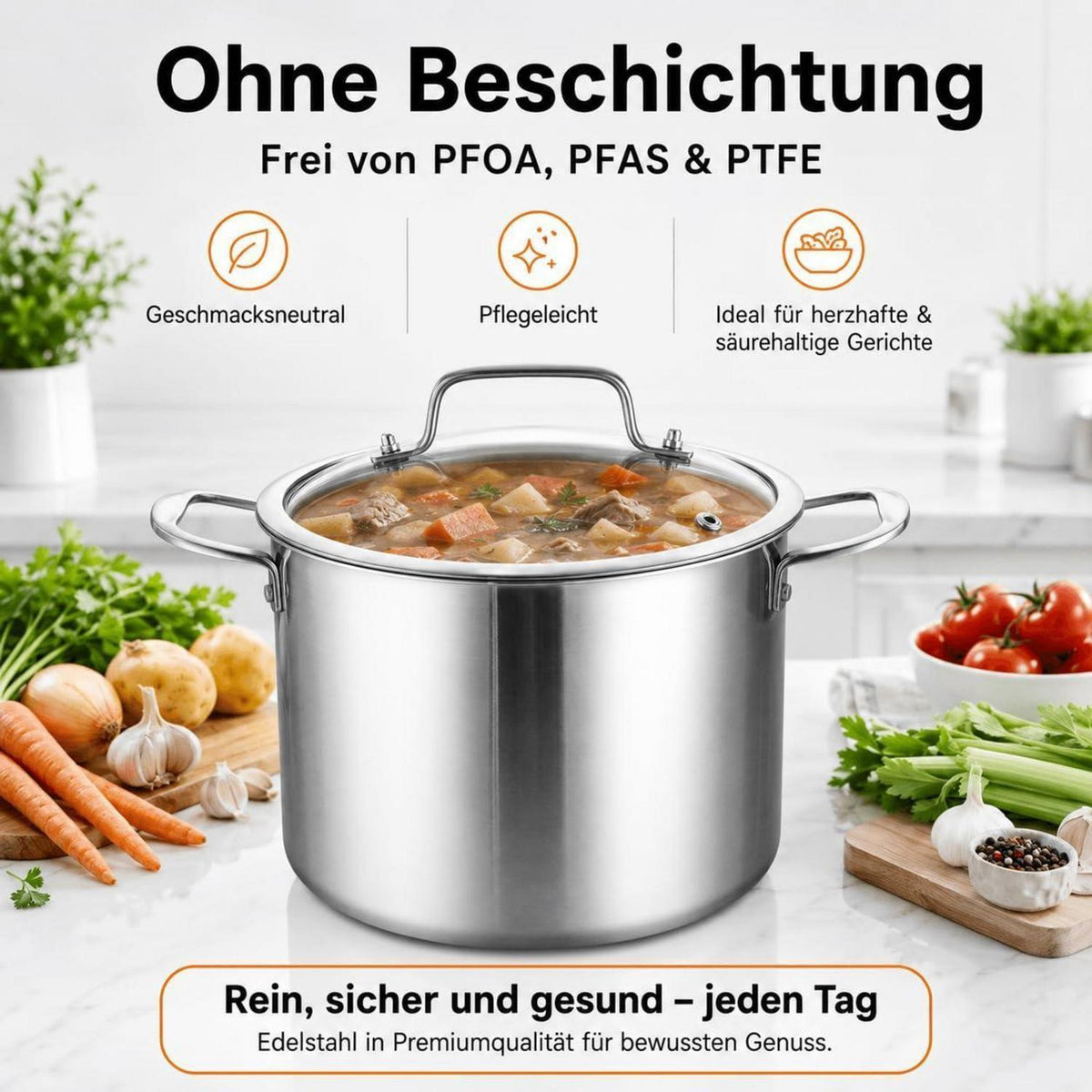 Edelstahl Kochtopf 24 cm mit Deckel – Induktion & 7,6 L