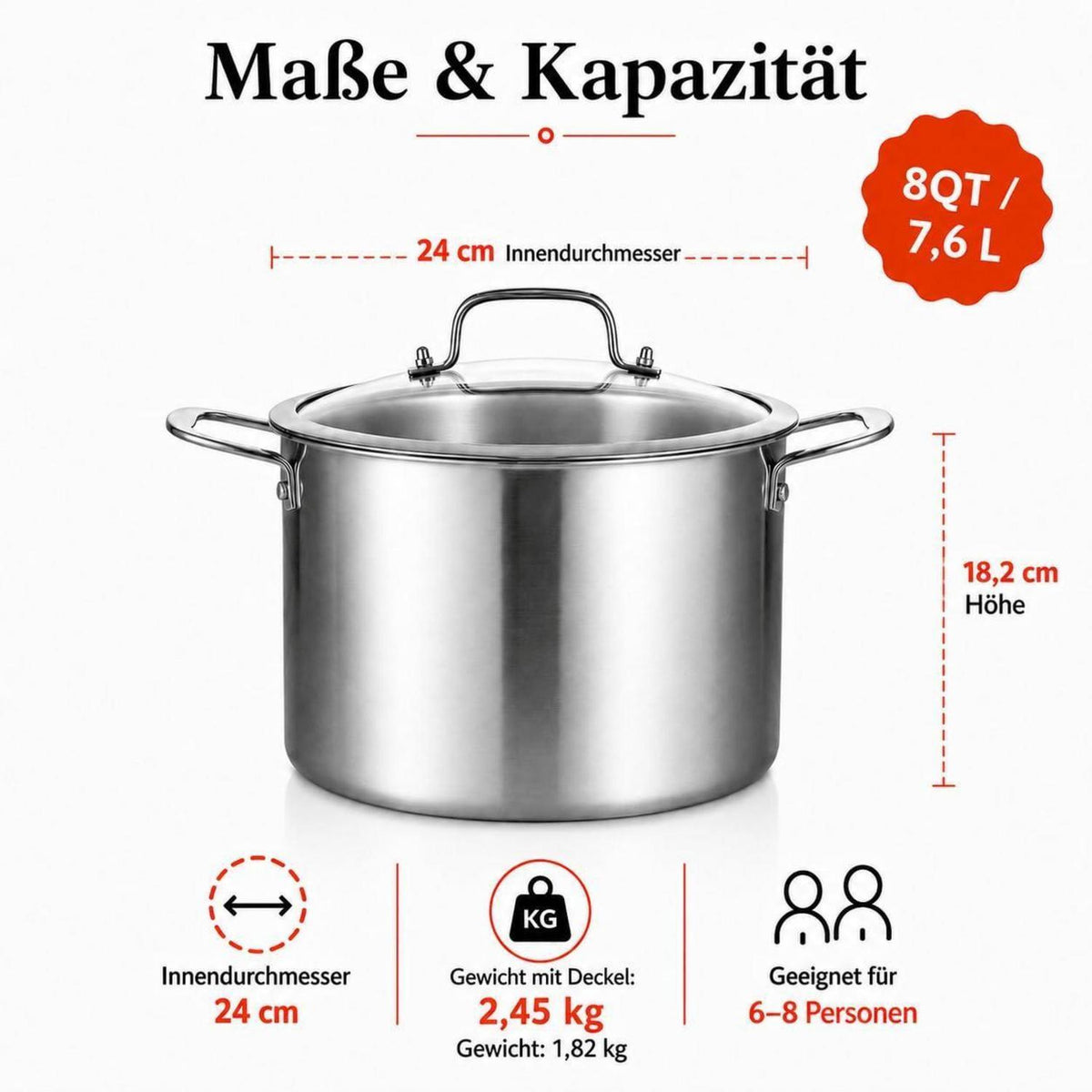 Edelstahl Kochtopf 24 cm mit Deckel – Induktion & 7,6 L