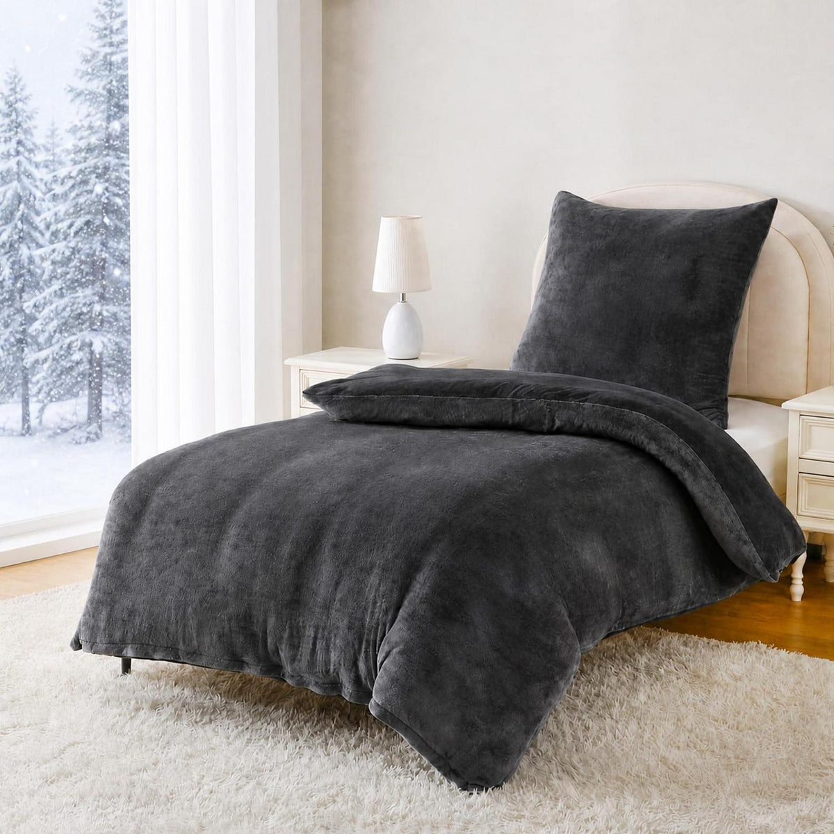 Winter Flanell Bettwäsche Set 135x200cm - Schwarz Fleece