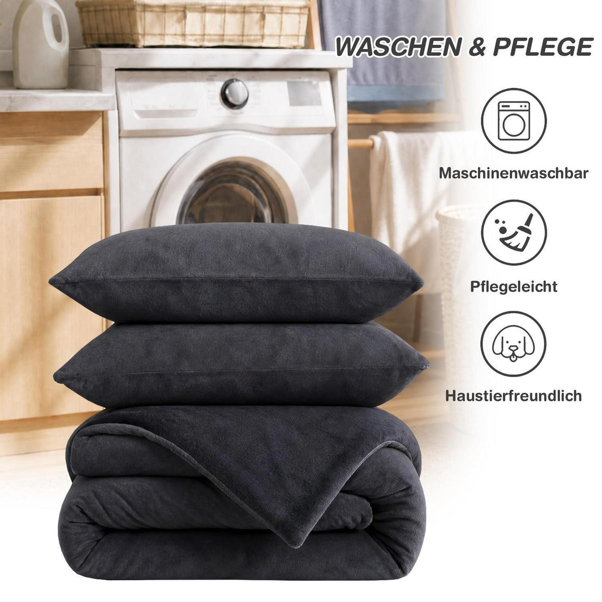Winter Flanell Bettwäsche Set 135x200cm - Schwarz Fleece