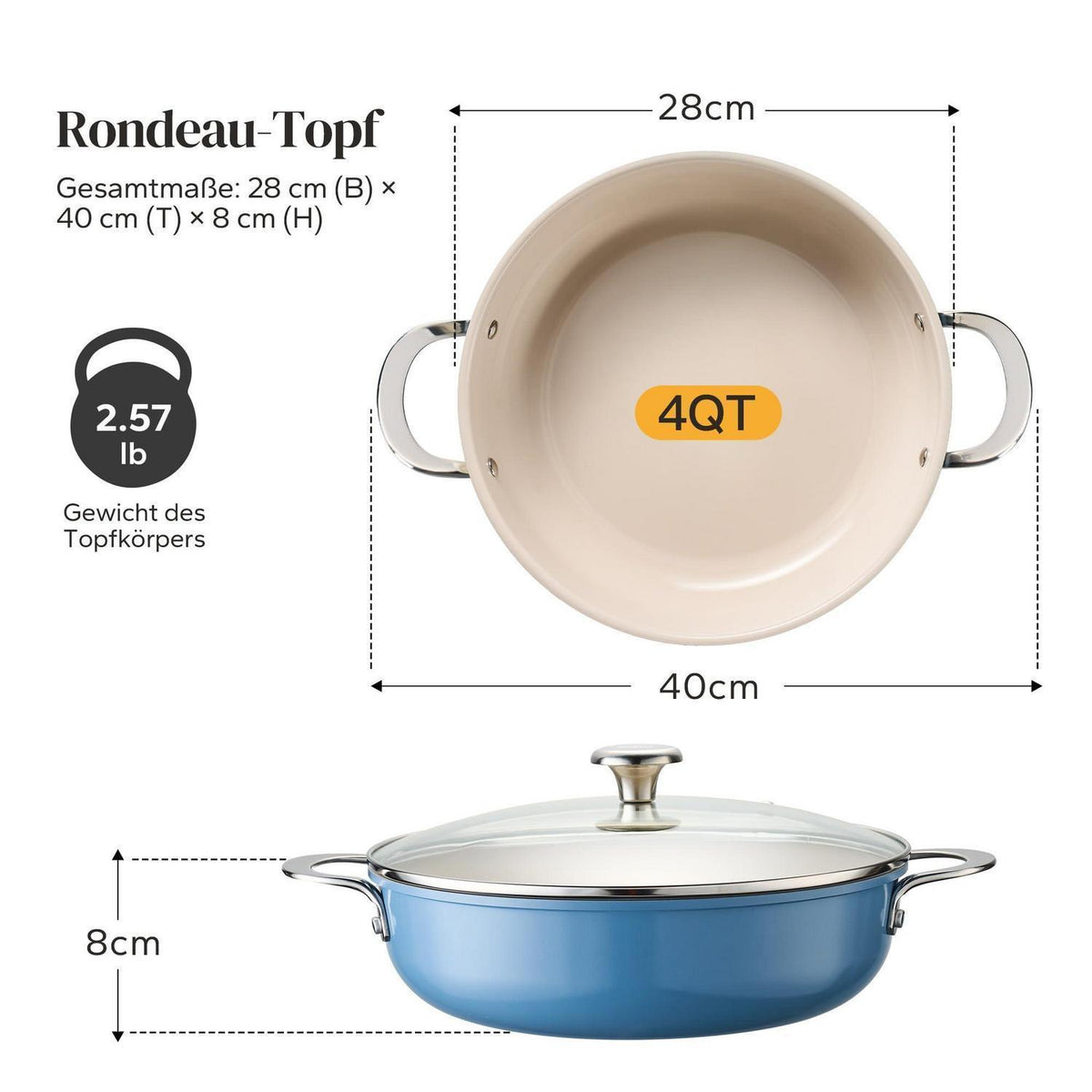 Schmorpfanne 28cm mit Deckel – Antihaft Keramik, Blau