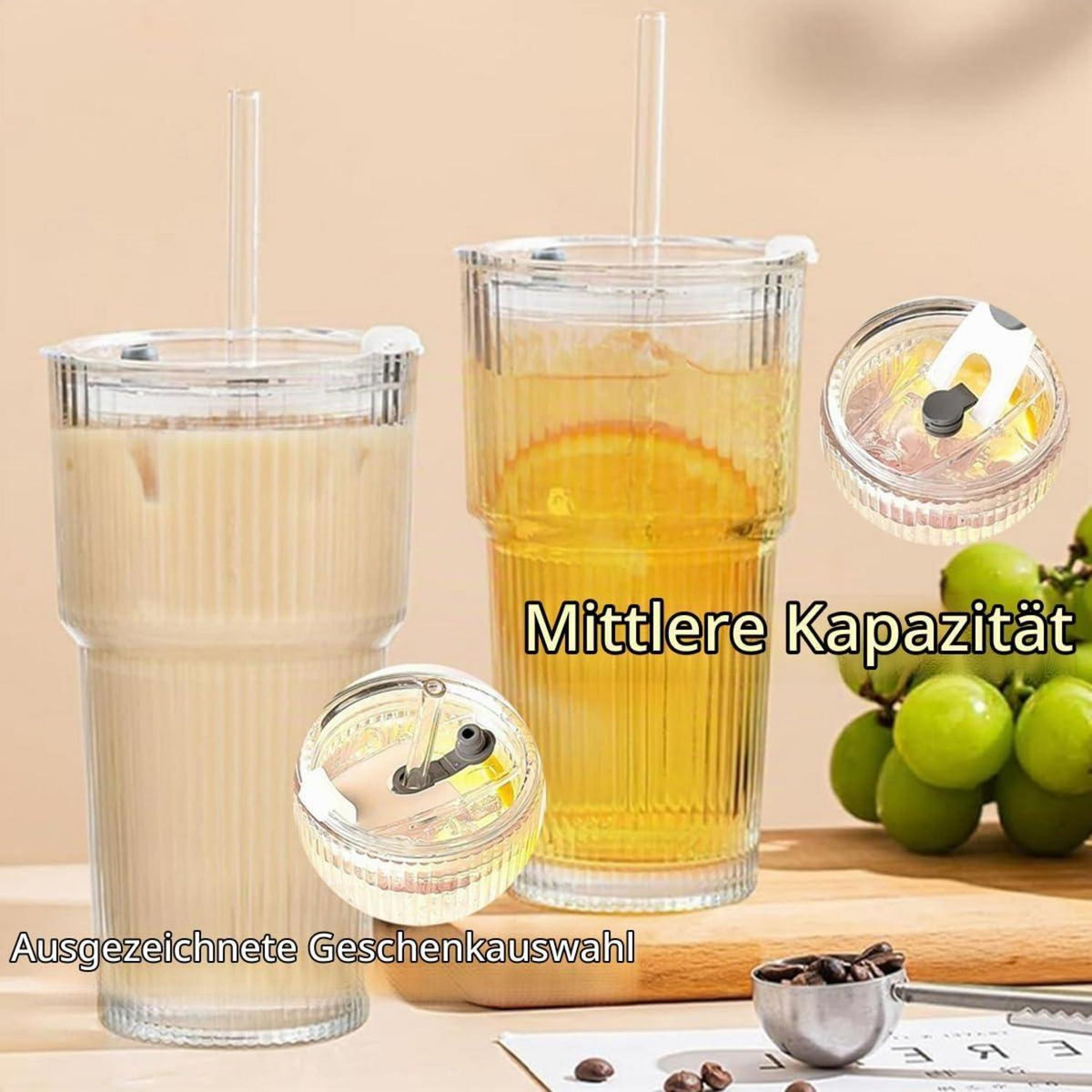 2 Glas Trinkbecher mit Deckel & Strohhalm – 600ml