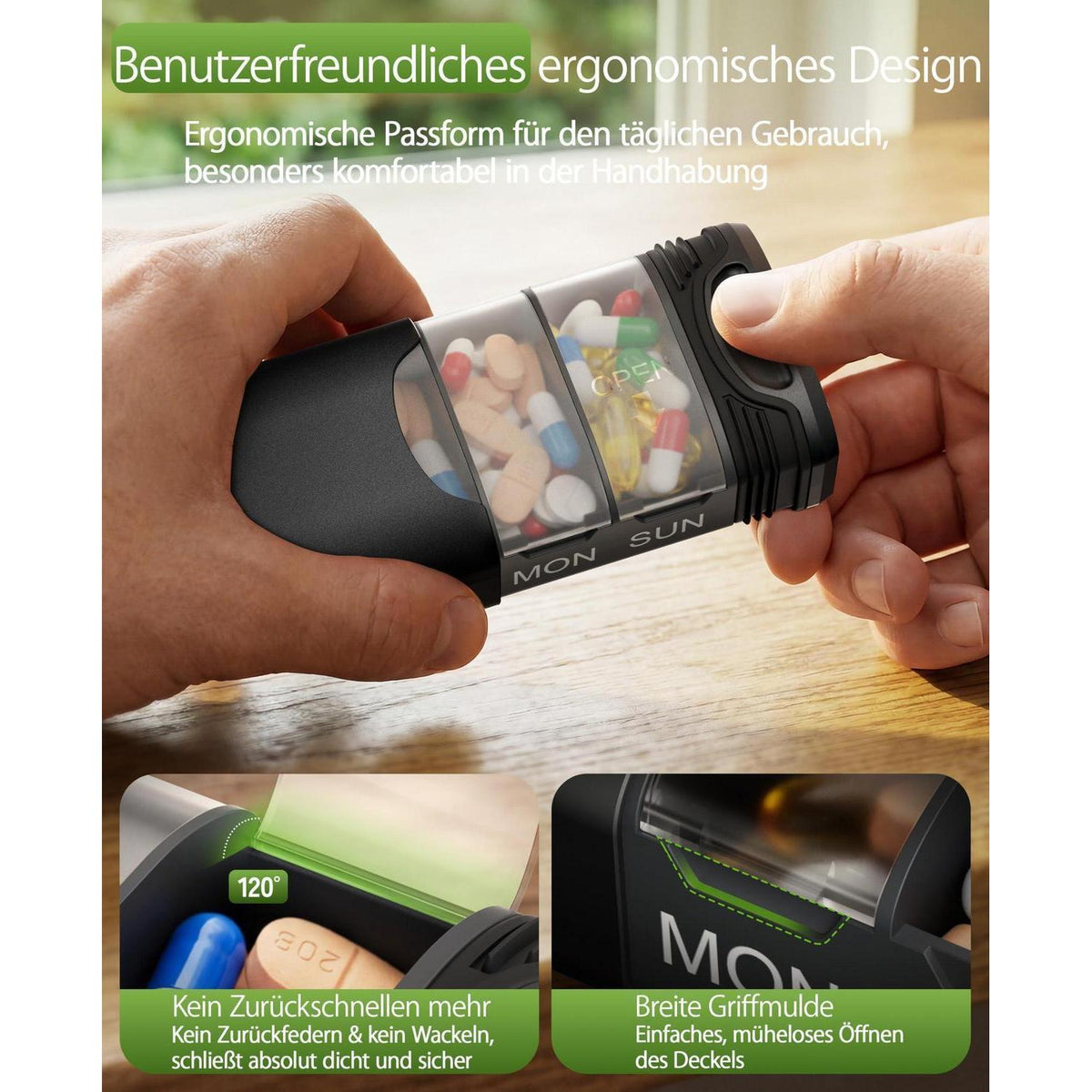 7-Tage Tablettenbox aus Metall mit Deckel – Schwarz