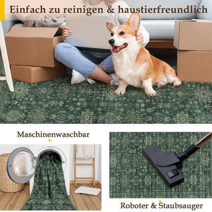 Vintage Teppichläufer Grün 60x240cm - Flur Läufer Retro Design