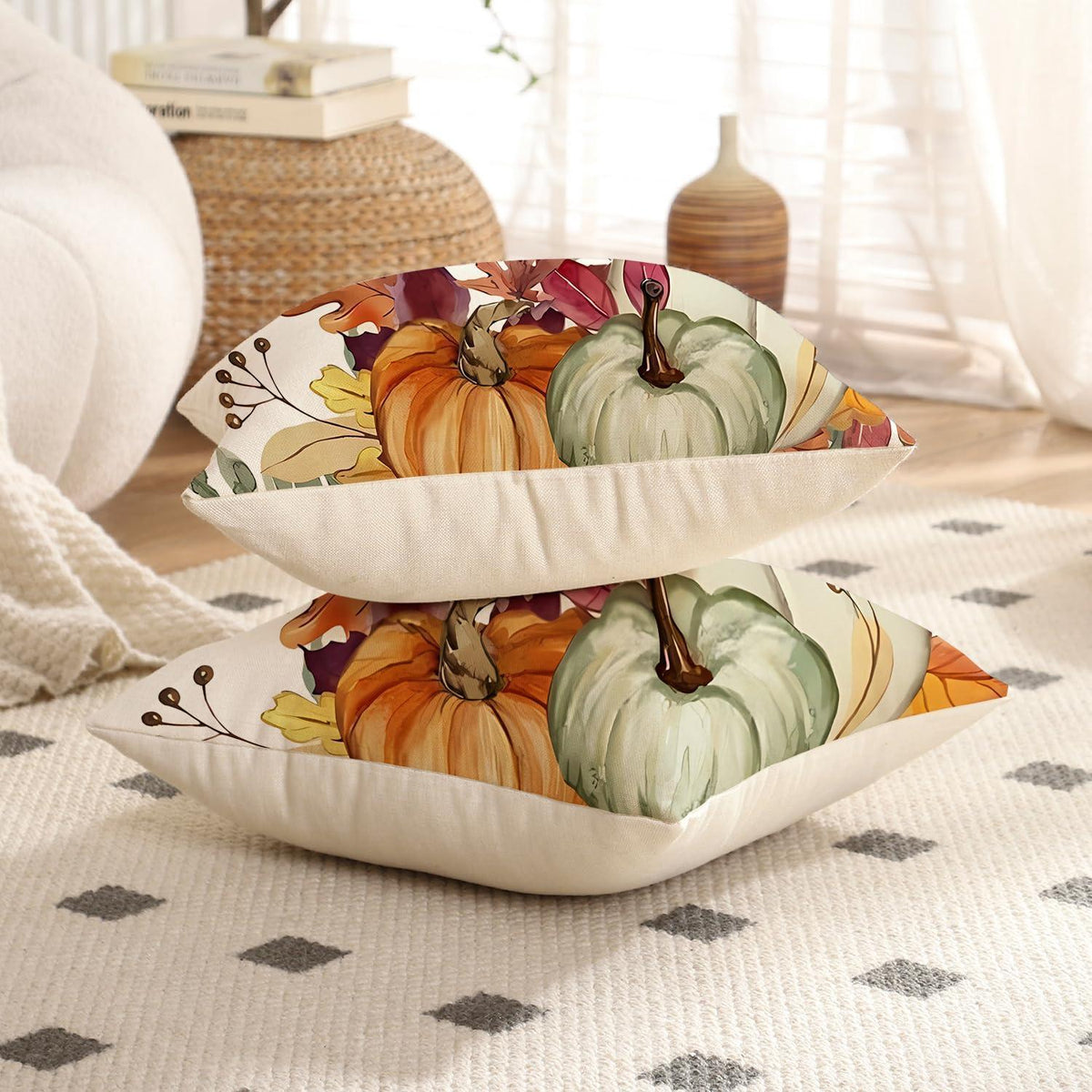 Herbst Kissenbezug 50x50 cm - 2er Set mit Kürbis & Blatt Muster