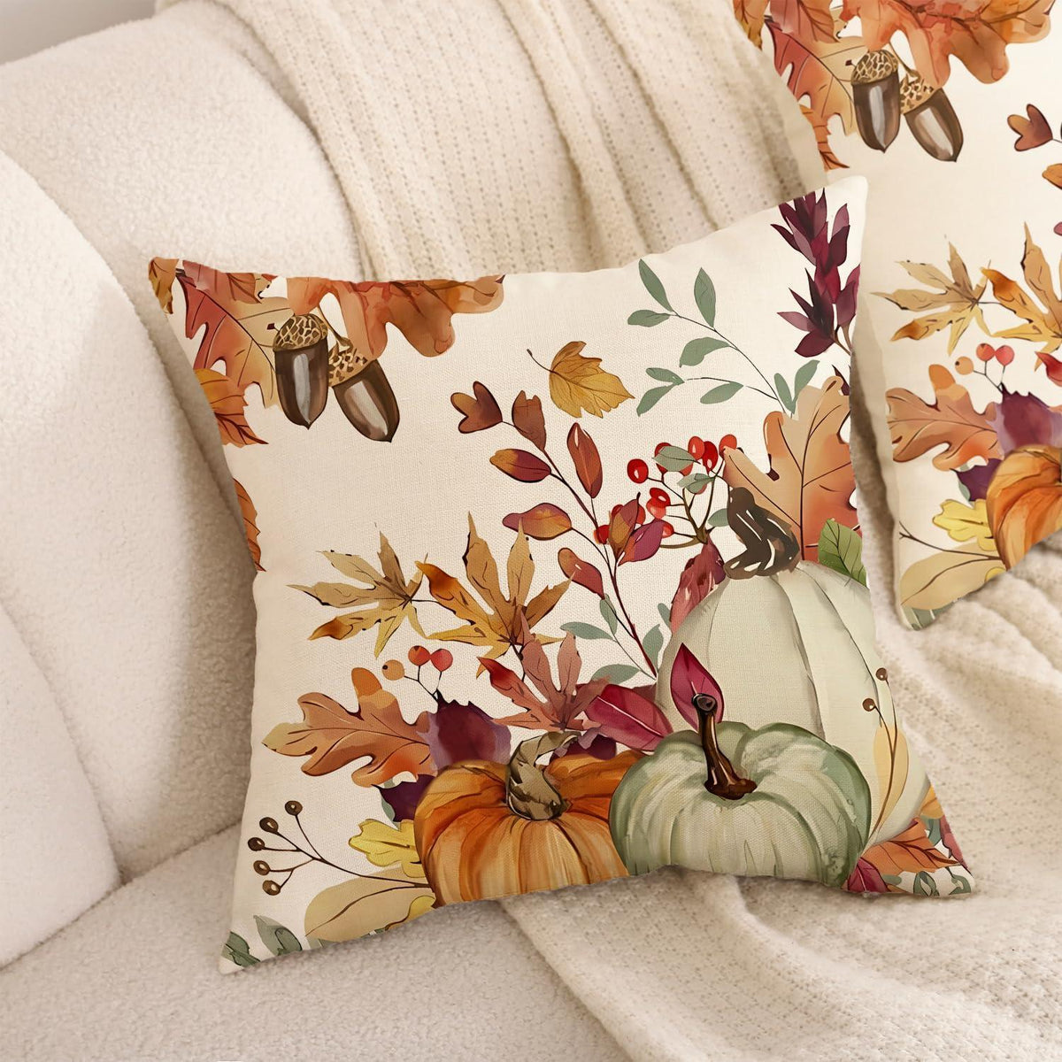 Herbst Kissenbezug 50x50 cm - 2er Set mit Kürbis & Blatt Muster