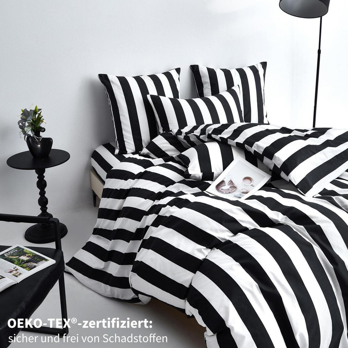 Bettwäsche Set 200x200 Baumwolle Schwarz Weiß Gestreift