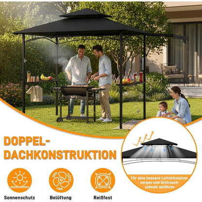 Grillpavillon mit Seitenmarkise & Doppeldach – BBQ Überdachung Schwarz