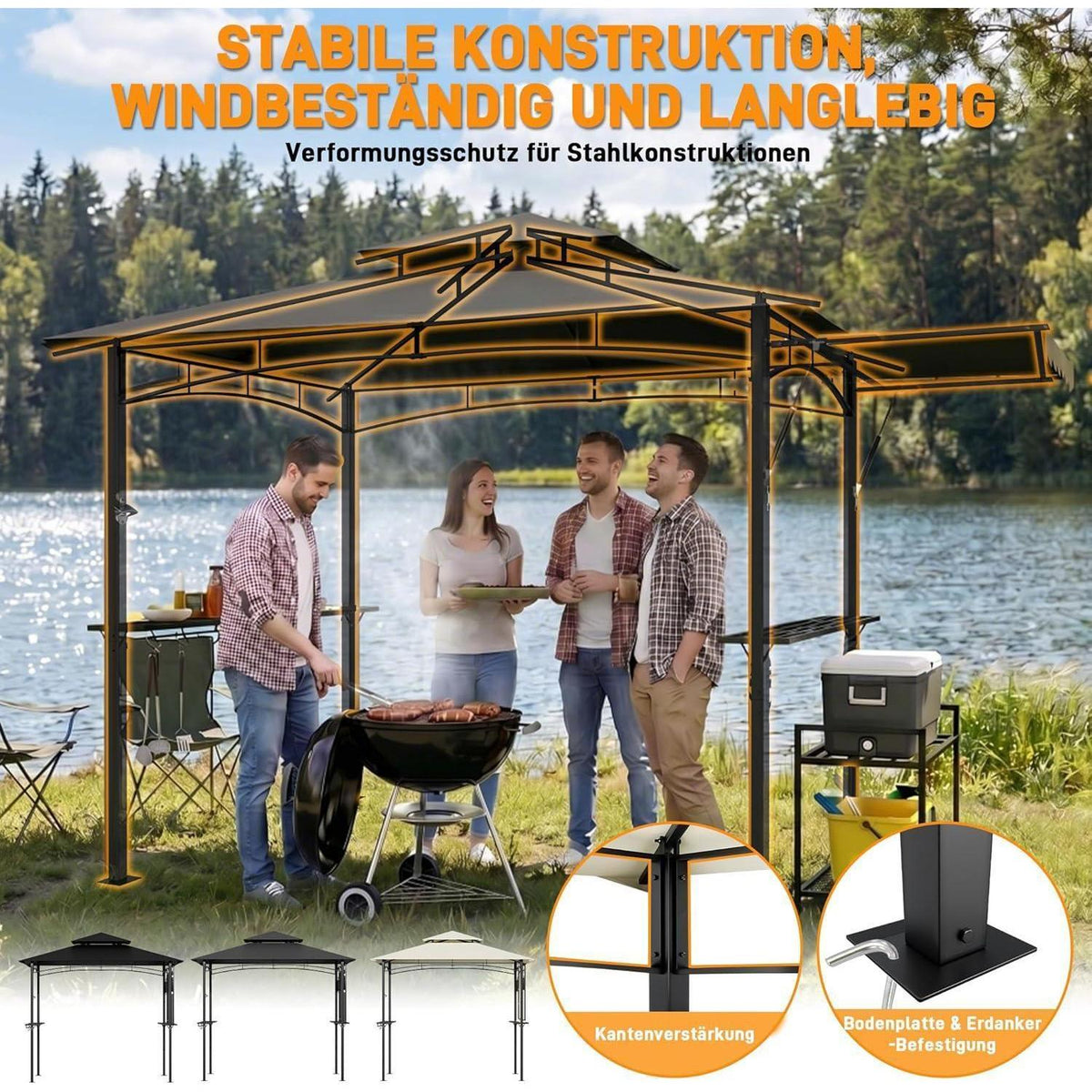Grillpavillon mit Seitenmarkise & Doppeldach – BBQ Überdachung Schwarz
