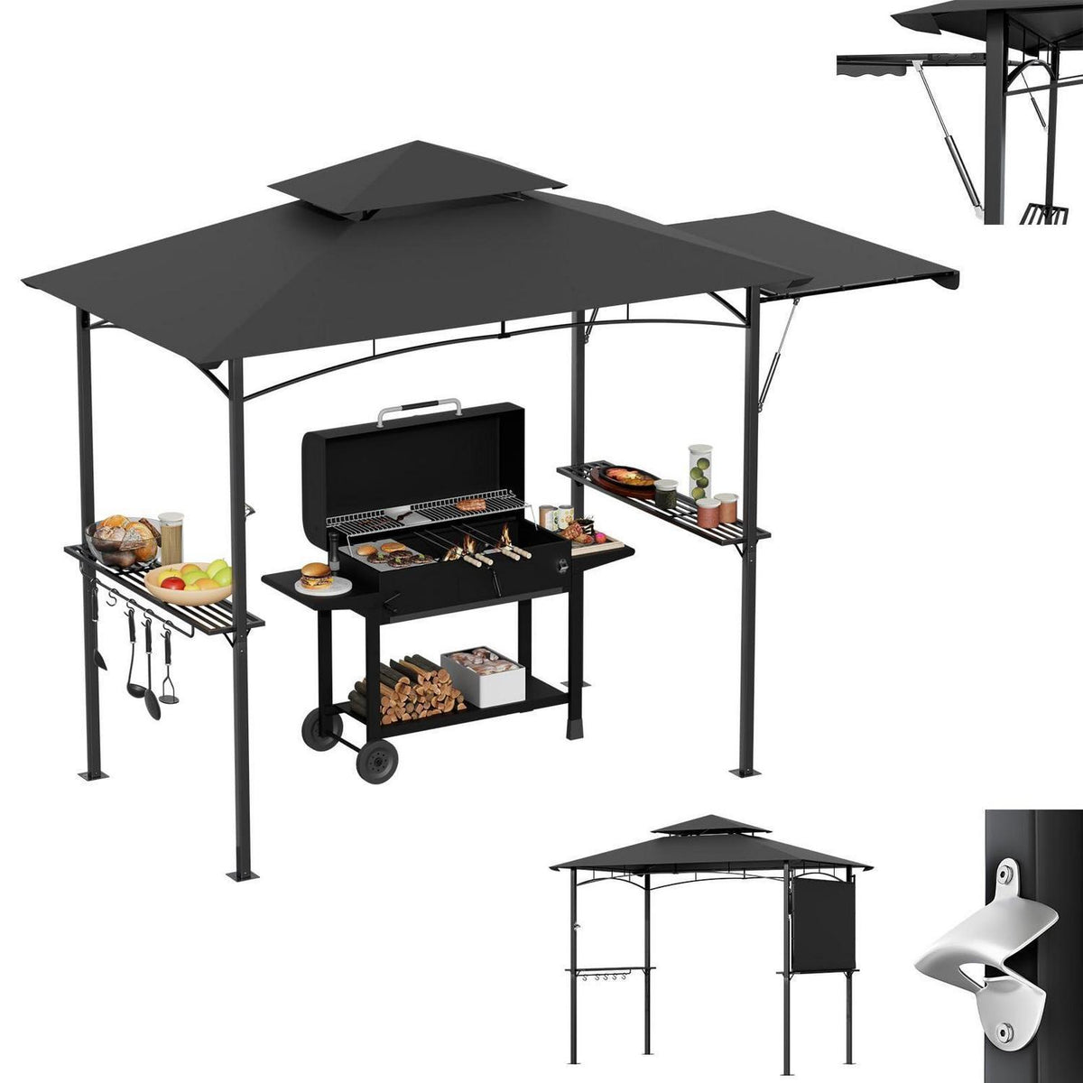 Grillpavillon mit Seitenmarkise & Doppeldach – Grau
